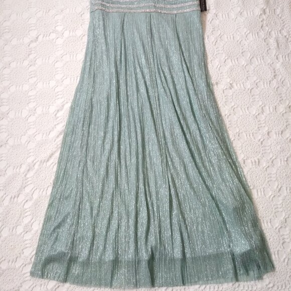 New R&M Richards Maxi Dress Fit Flare Aqua Blue Glitter Empire Waist 14 P Women - Picture 2 of 8